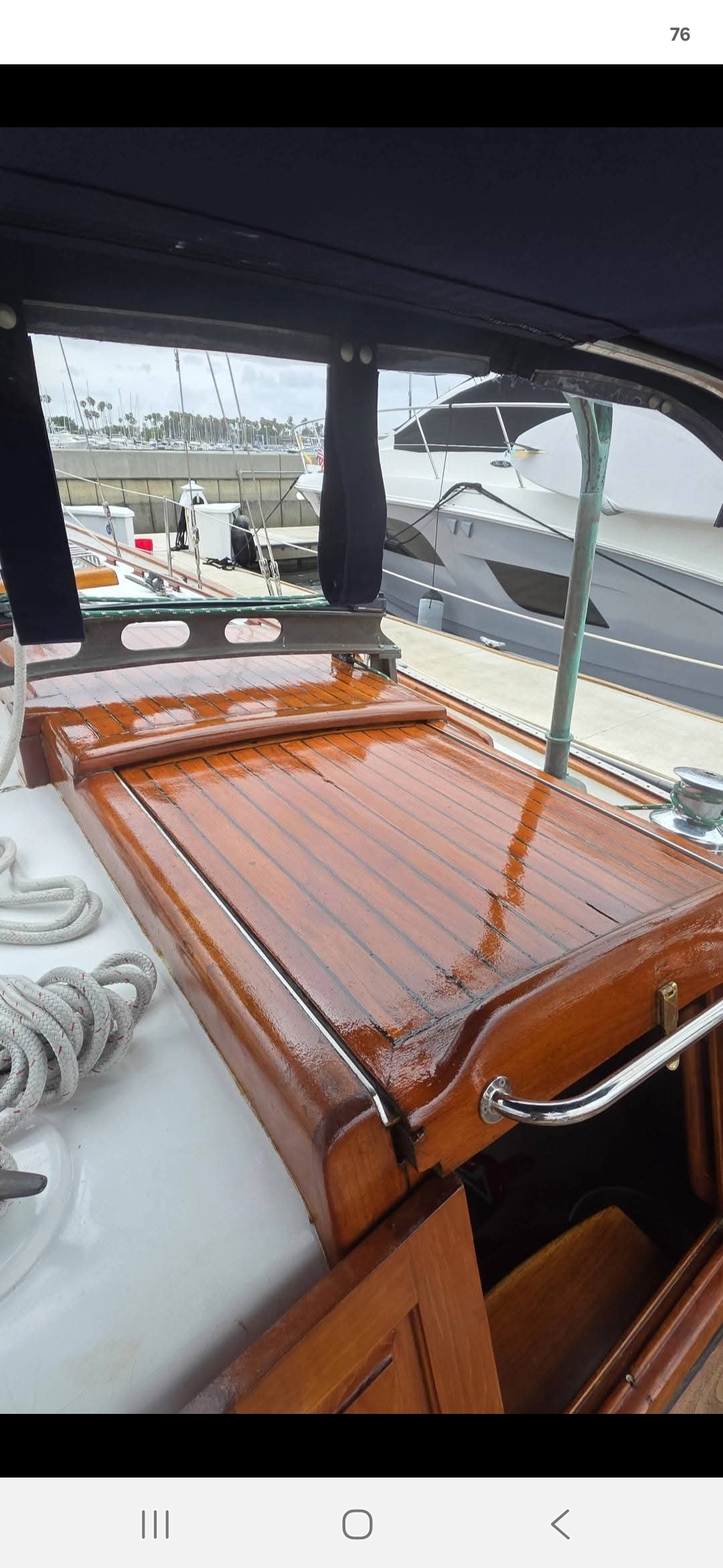 Freshly varnished teak companionway hatch